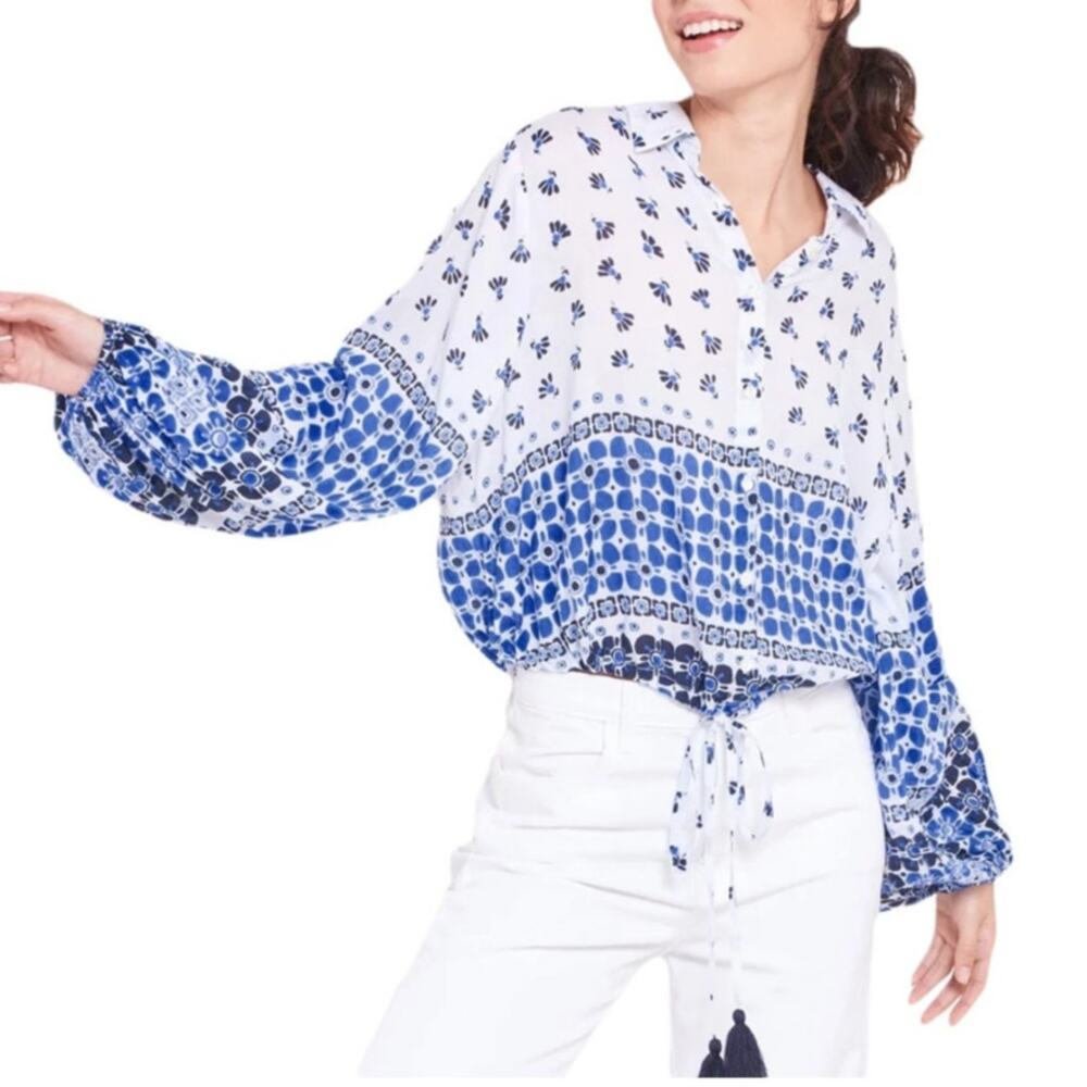 Roller Rabbit Caleb Top Blue Marble White Long Sleeve Collared Button Medium